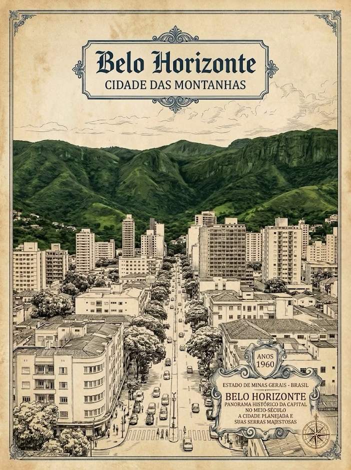 Belo Horizonte entre as montanhas, com os primeiros edifícios altos