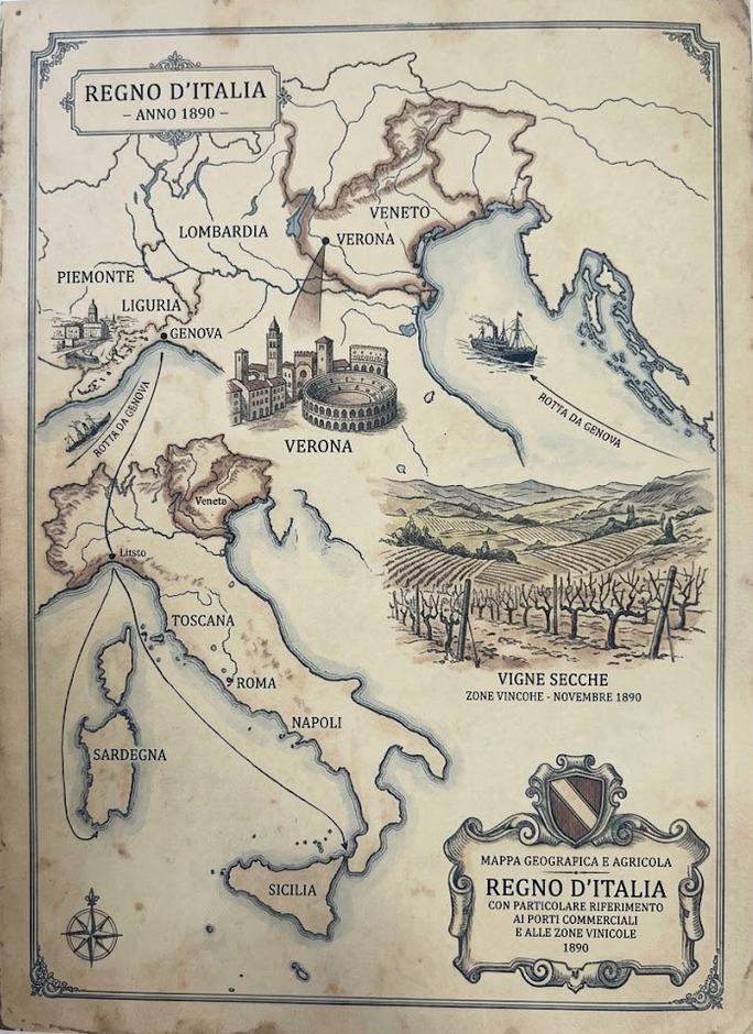 Mapa do Reino da Itália em 1890, com Verona, o Vêneto e a ilustração das vinhas secas